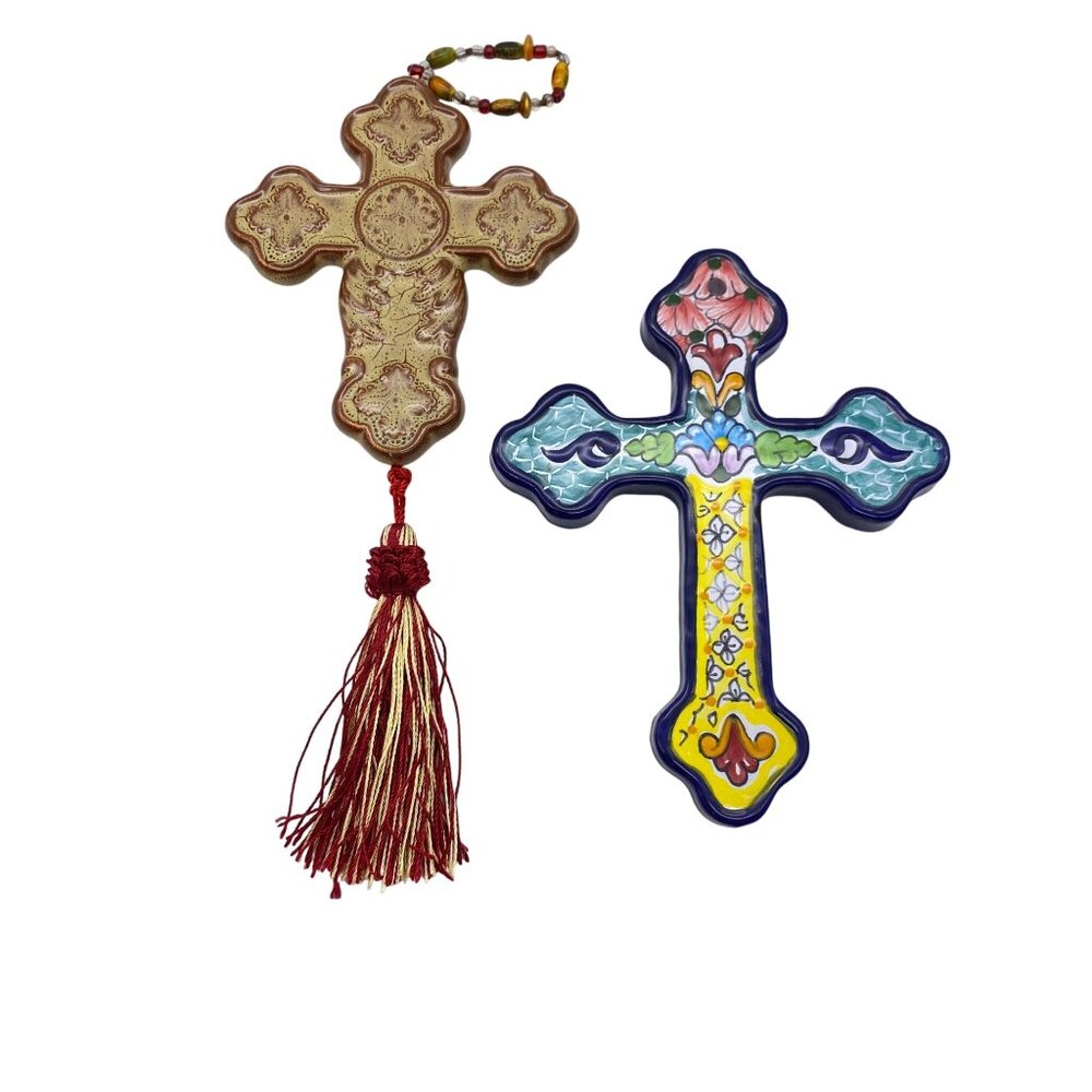 Ceramic hand made hanging cross ornaments hand painted Mexican‎ pottery